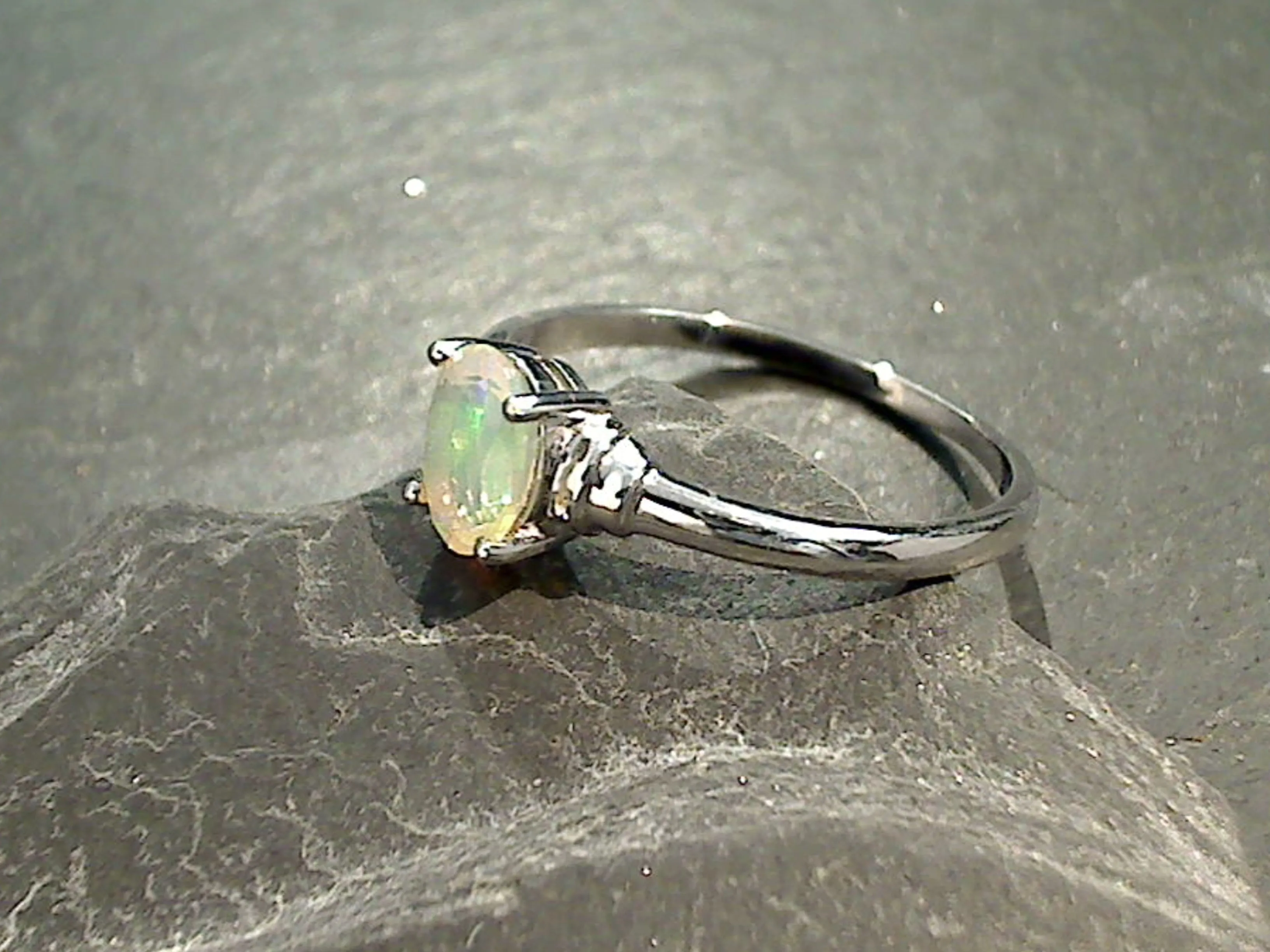 Size 6 Ethiopian Opal, Rhodium Plated Sterling Silver Ring