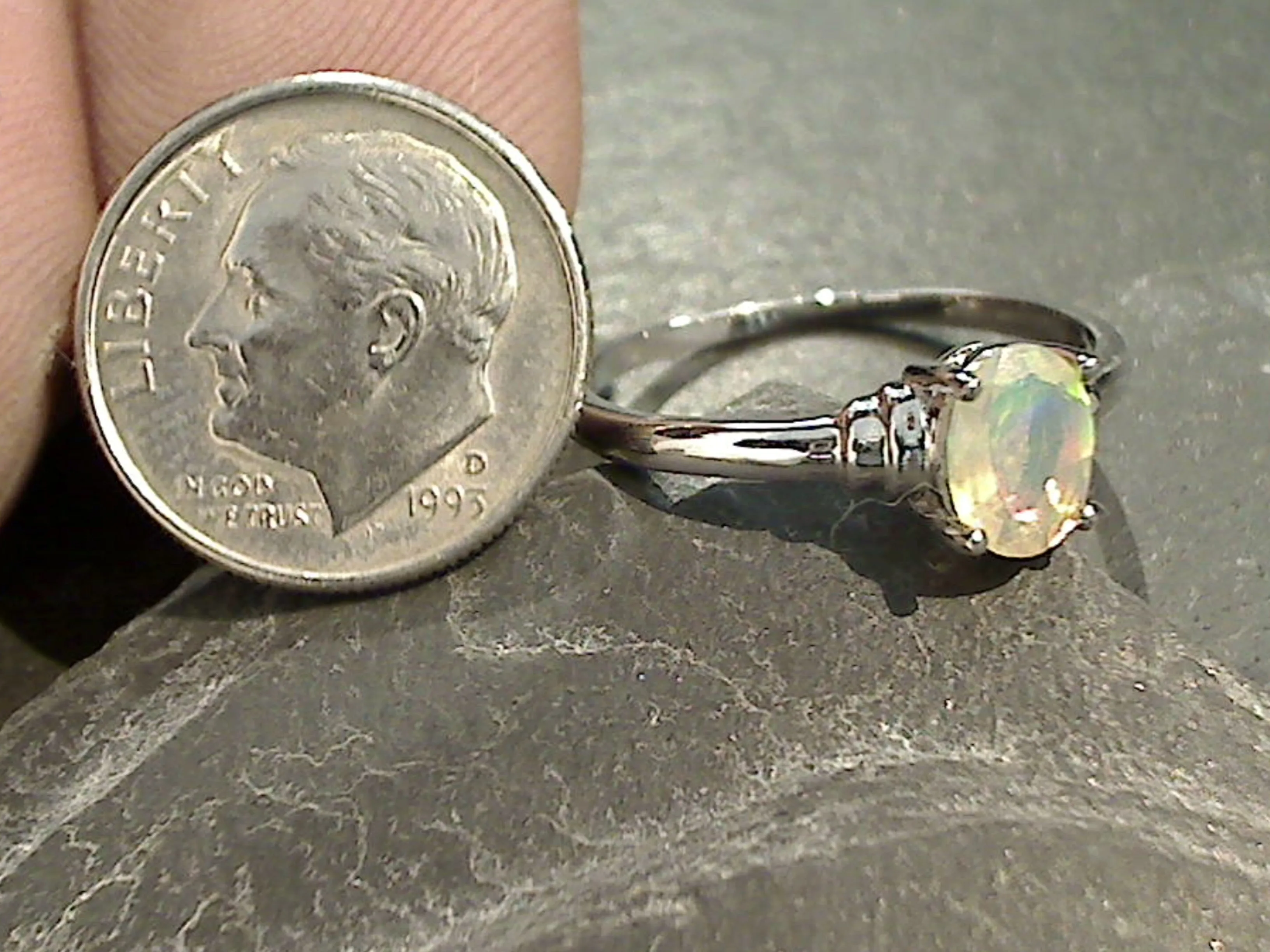 Size 6 Ethiopian Opal, Rhodium Plated Sterling Silver Ring