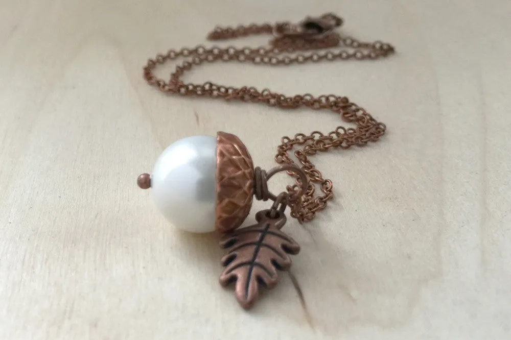 Snow and Copper Pearl Acorn Necklace | Cute Nature Acorn Charm Necklace | Fall Acorn Necklace | Woodland Acorn | Nature Jewelry