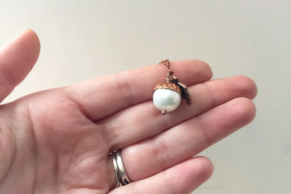 Snow and Copper Pearl Acorn Necklace | Cute Nature Acorn Charm Necklace | Fall Acorn Necklace | Woodland Acorn | Nature Jewelry