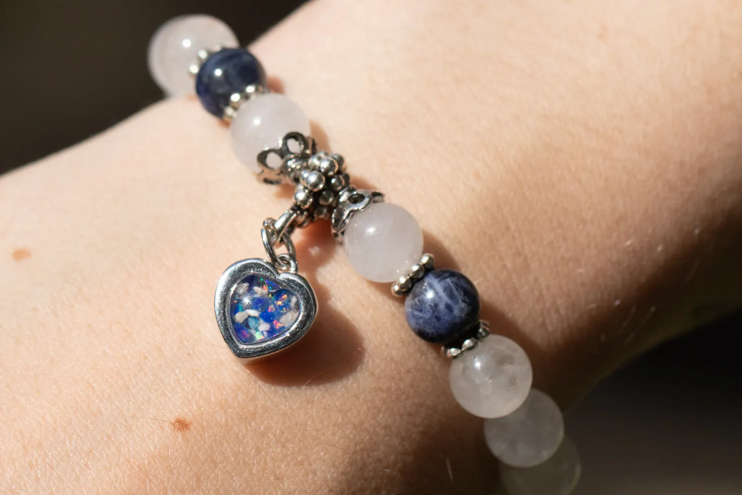 Snow Quartz and Sodalite Healing Bracelet with Cremation Ashes