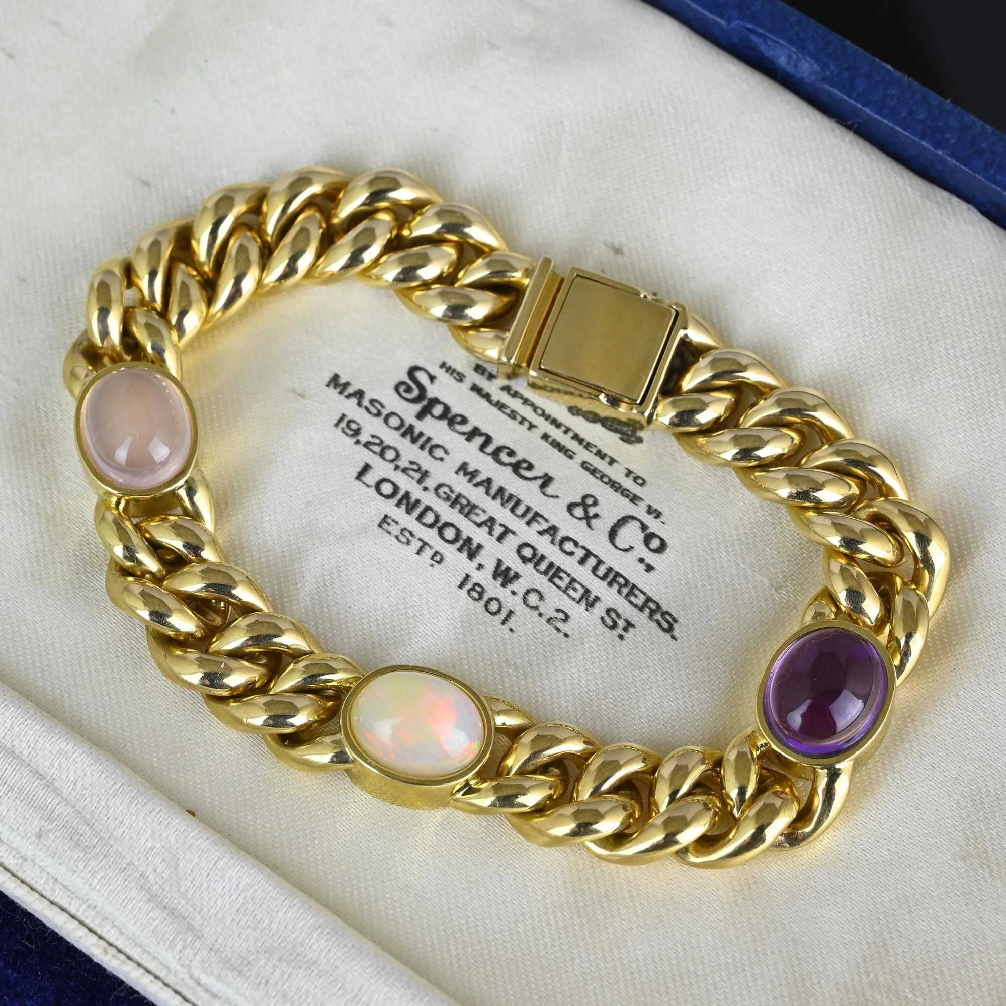 Solid 14K Gold Curb Chain Amethyst Pink Quartz Opal Bracelet