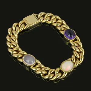 Solid 14K Gold Curb Chain Amethyst Pink Quartz Opal Bracelet