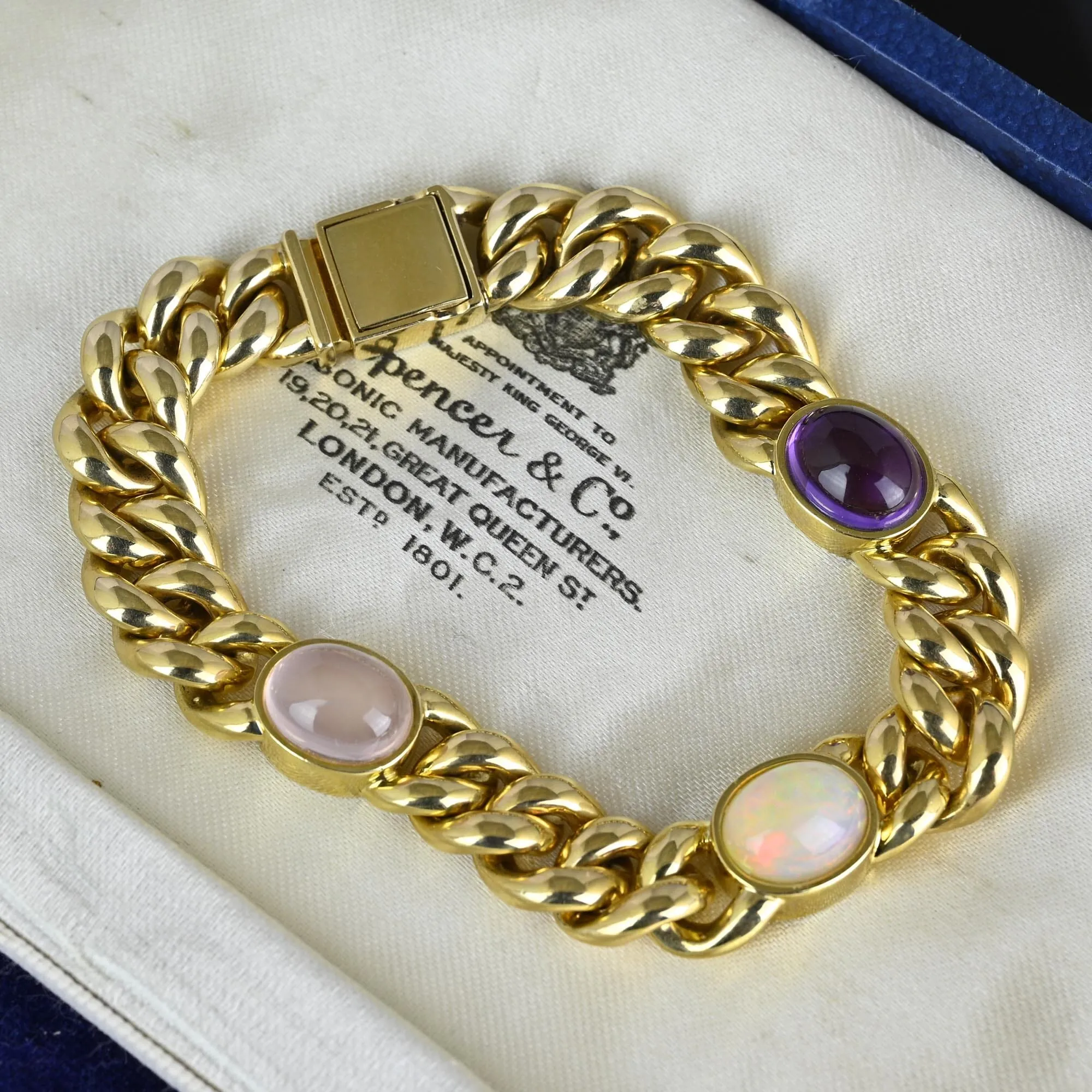 Solid 14K Gold Curb Chain Amethyst Pink Quartz Opal Bracelet