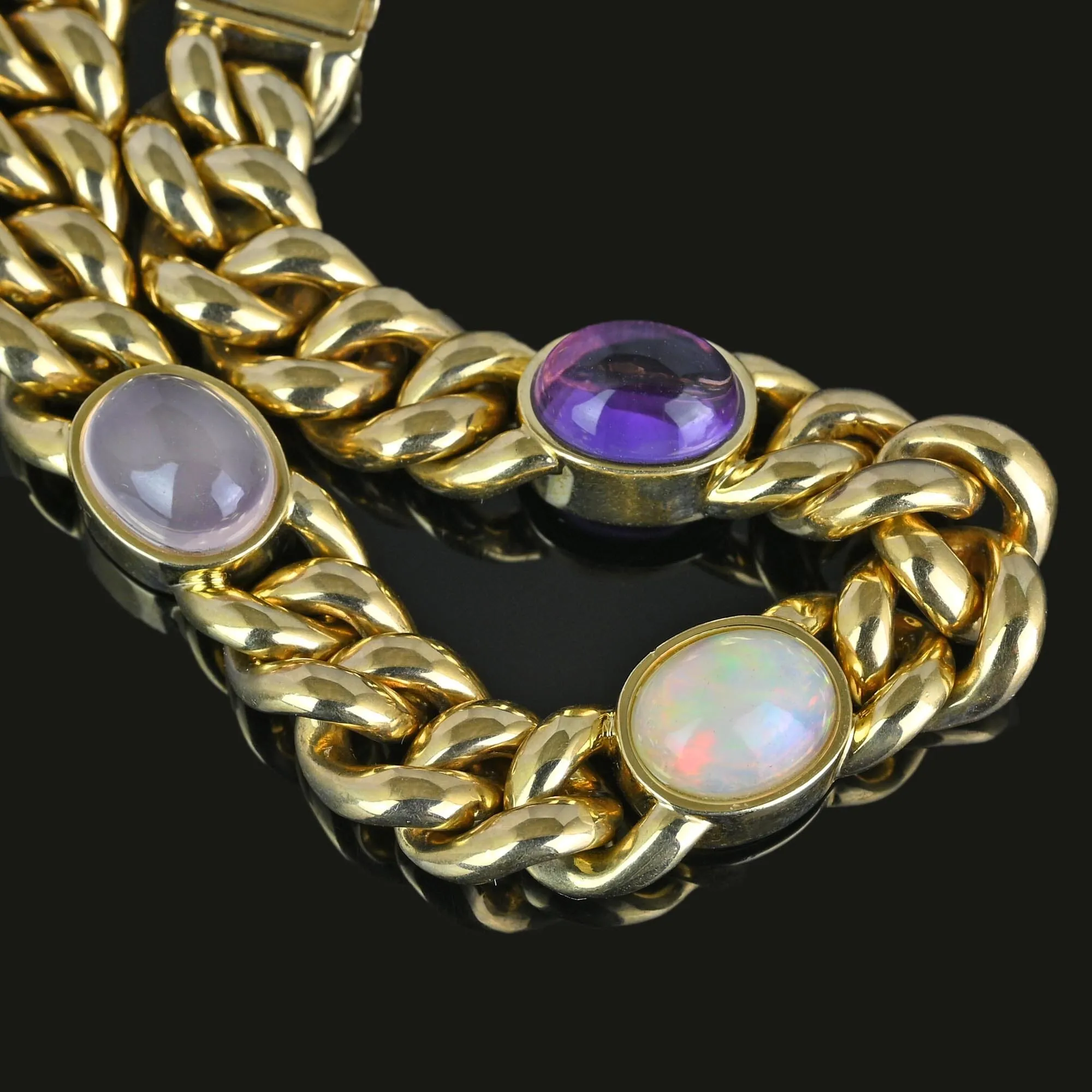 Solid 14K Gold Curb Chain Amethyst Pink Quartz Opal Bracelet