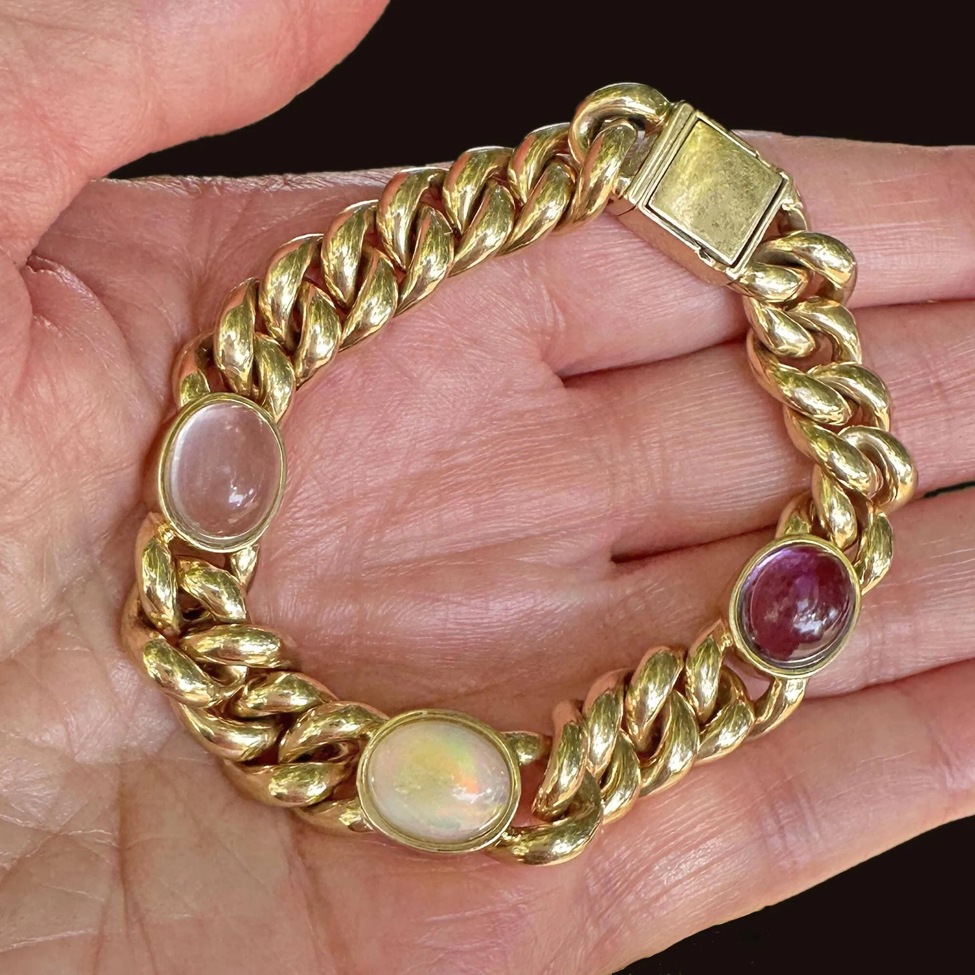 Solid 14K Gold Curb Chain Amethyst Pink Quartz Opal Bracelet