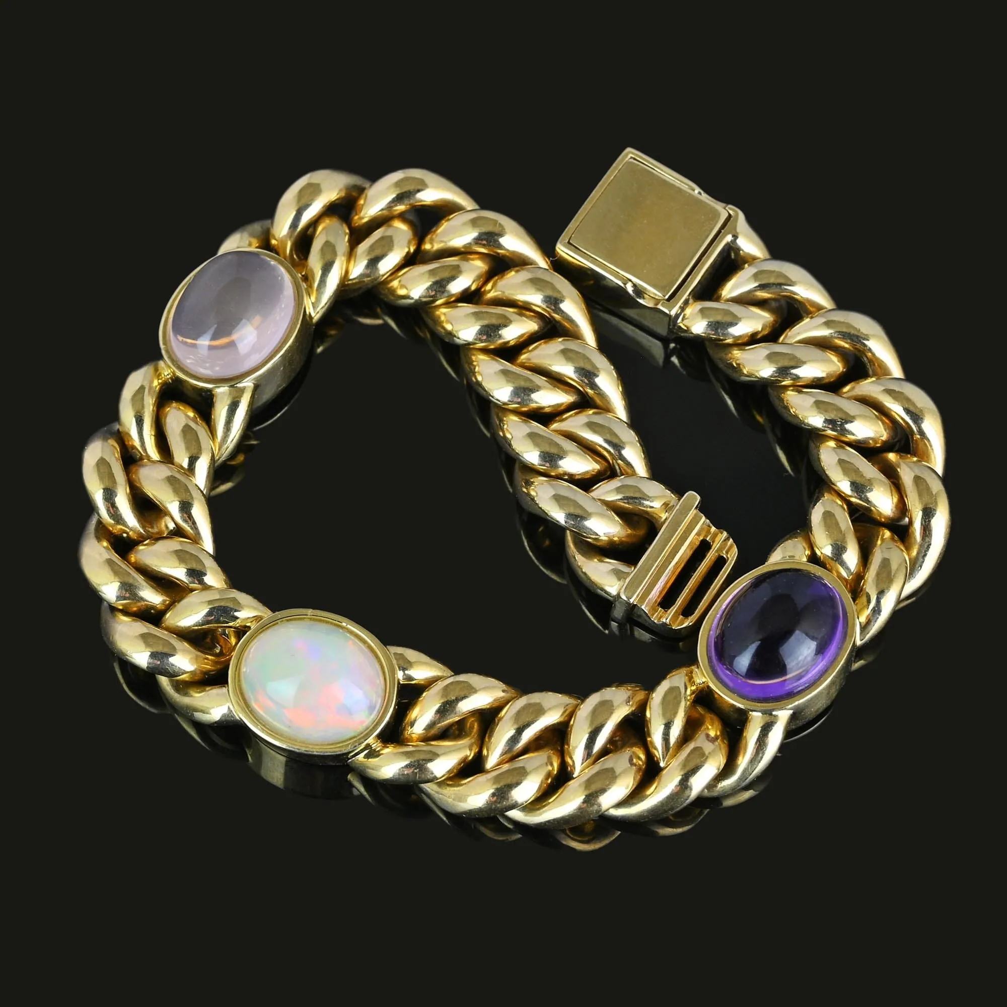 Solid 14K Gold Curb Chain Amethyst Pink Quartz Opal Bracelet