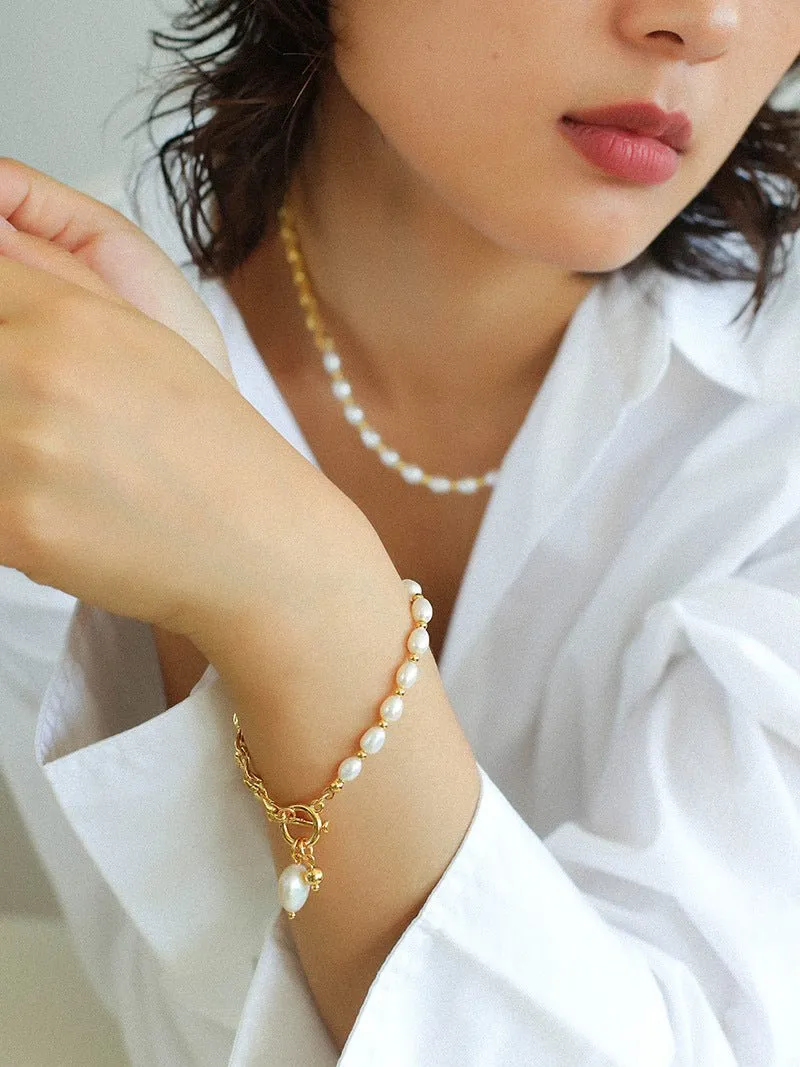 Spliced Chain Pearl Y Gold Necklace