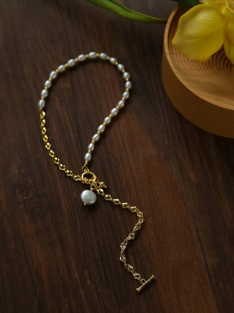 Spliced Chain Pearl Y Gold Necklace