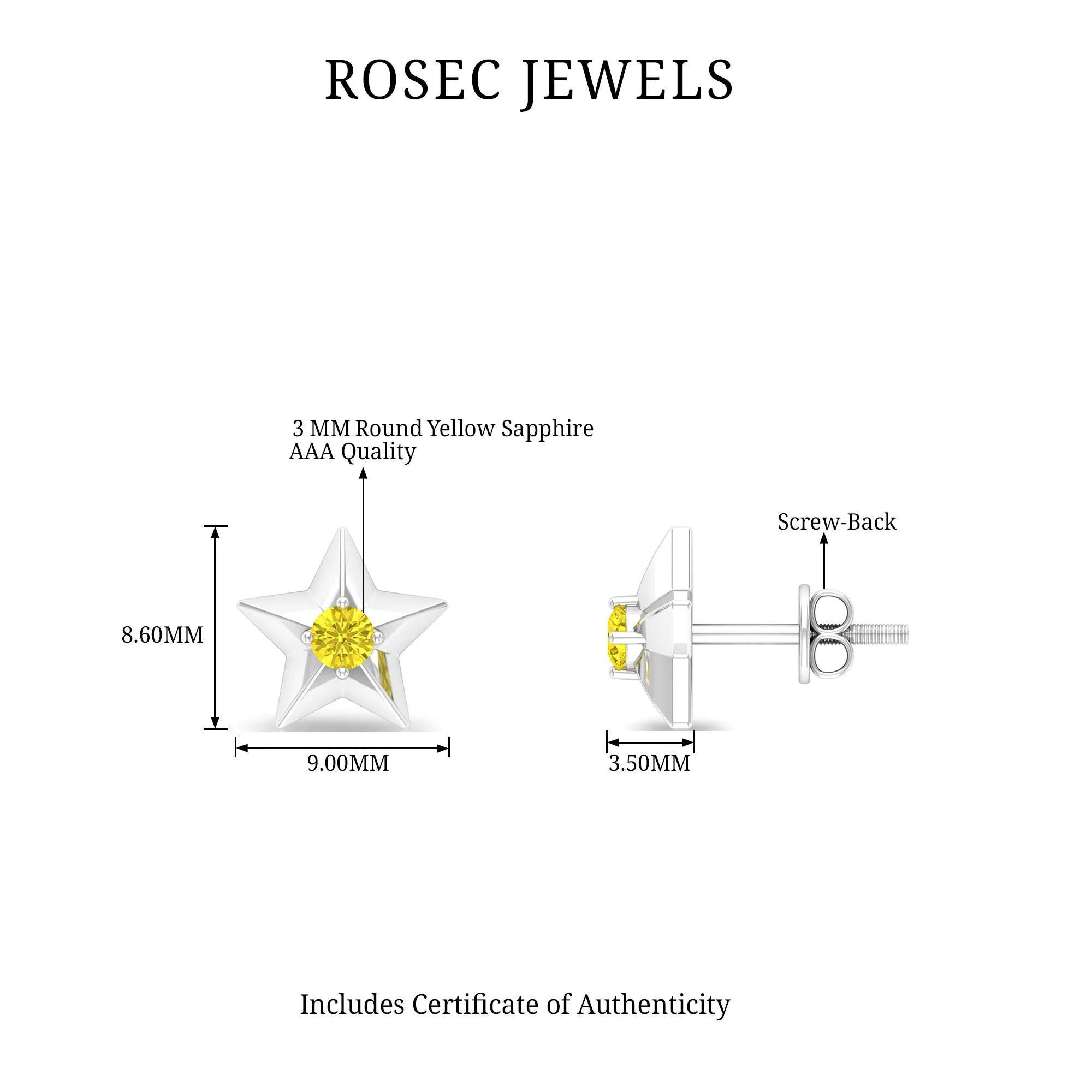 Star Stud Earrings with Yellow Sapphire