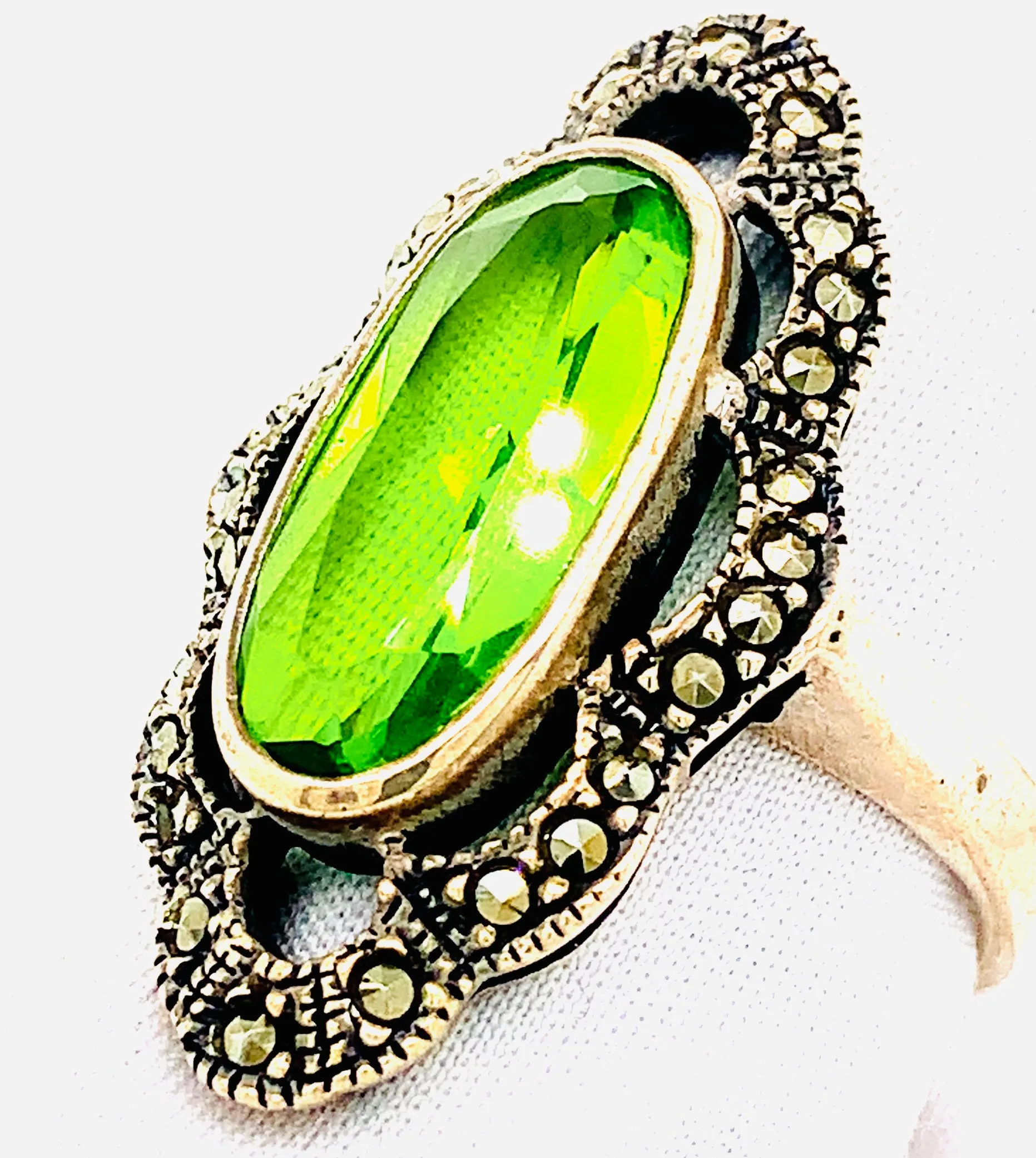 Sterling Silver Marcasite and Green CZ Ring