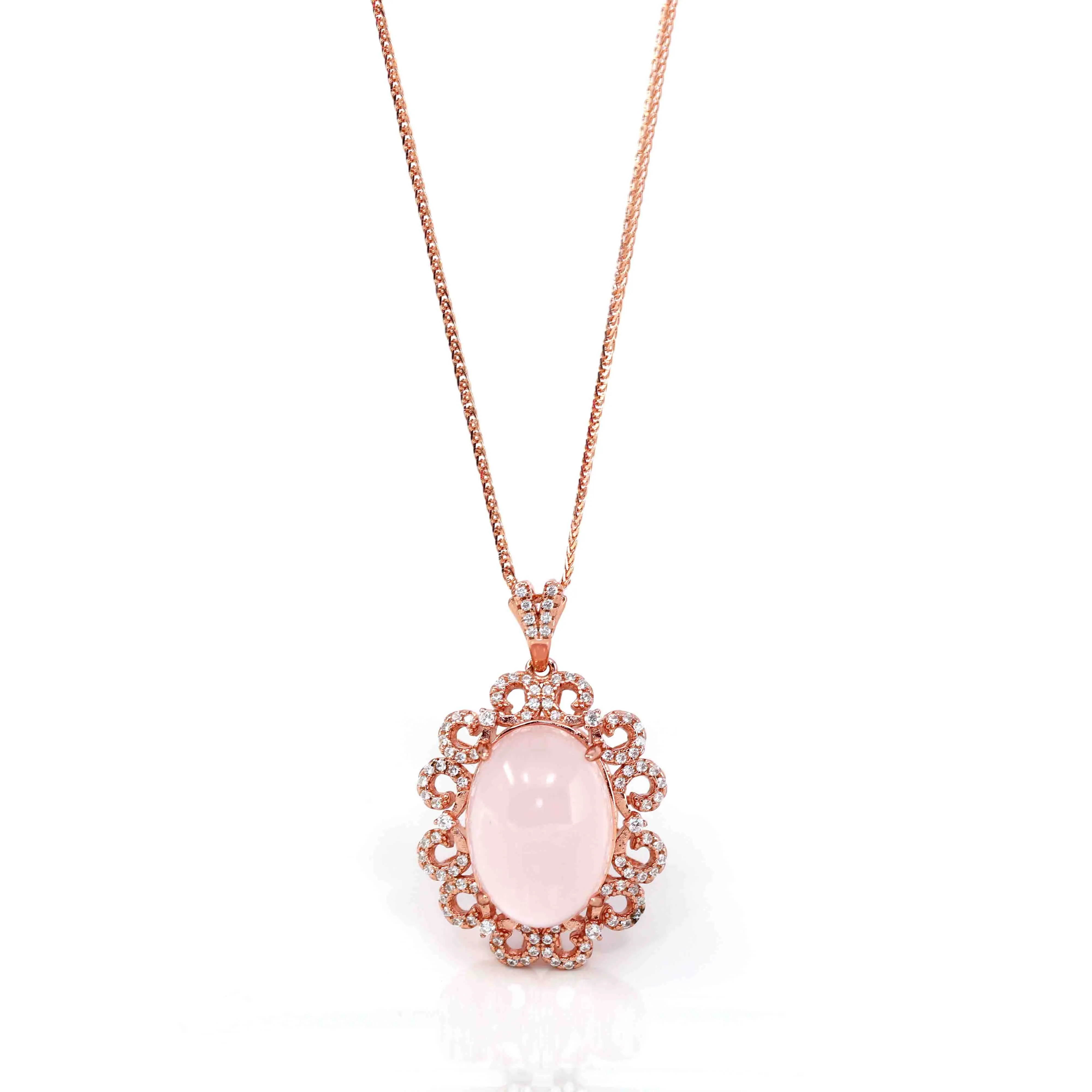 Sterling Silver Natural Cabochon Cut, Rose Quartz Luxury Necklace With CZ