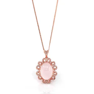 Sterling Silver Natural Cabochon Cut, Rose Quartz Luxury Necklace With CZ