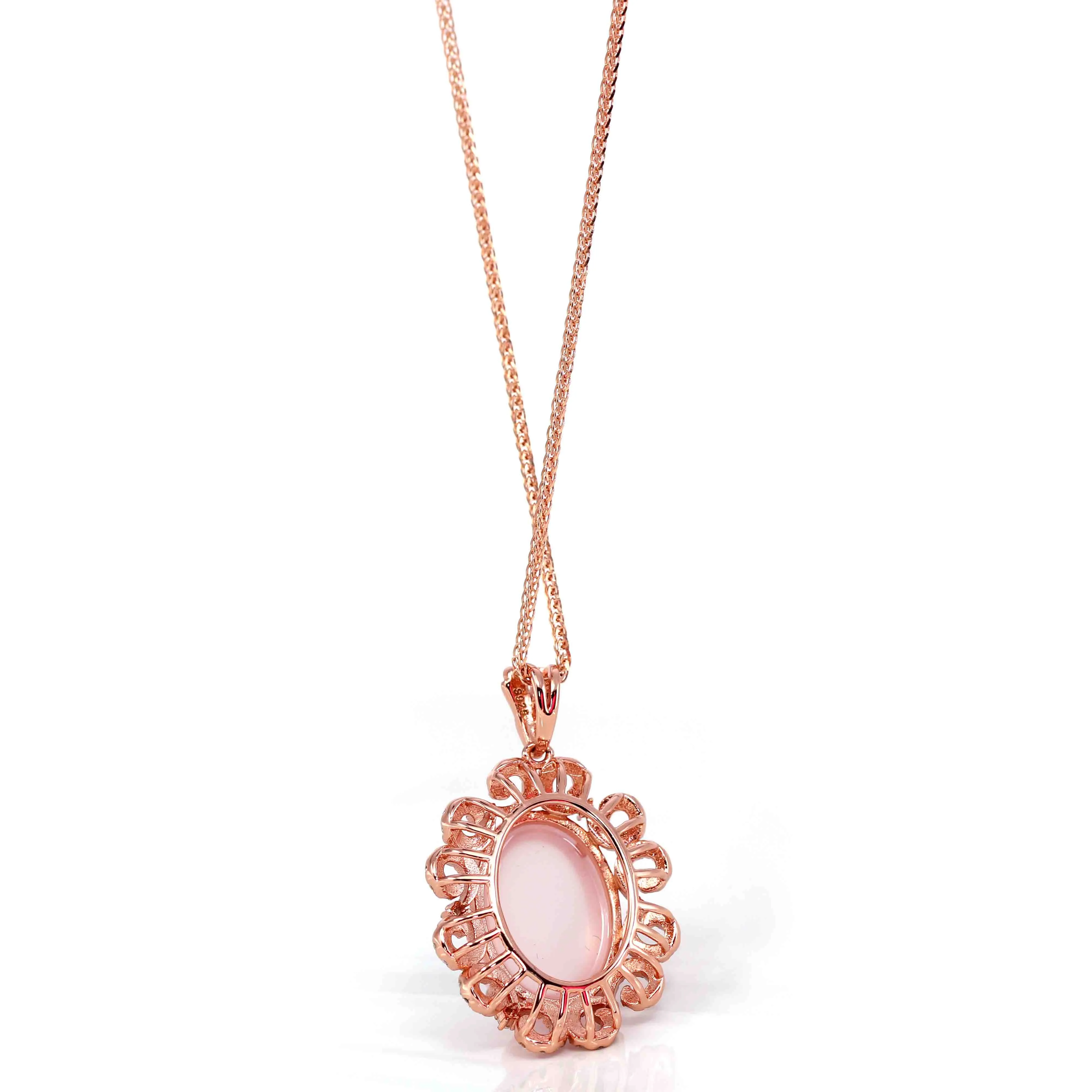 Sterling Silver Natural Cabochon Cut, Rose Quartz Luxury Necklace With CZ