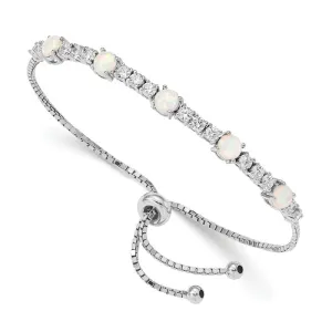 Sterling Silver White Created Opal And CZ Adjustable Bolo Bracelet