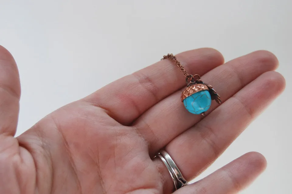 Turquoise and Copper Acorn Necklace