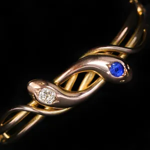 Victorian 18K Yellow Gold 0.60 Carat Diamond and Sapphire Snake Bracelet