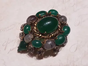 Vintage Dior Green Brooch Gold Glass 1965