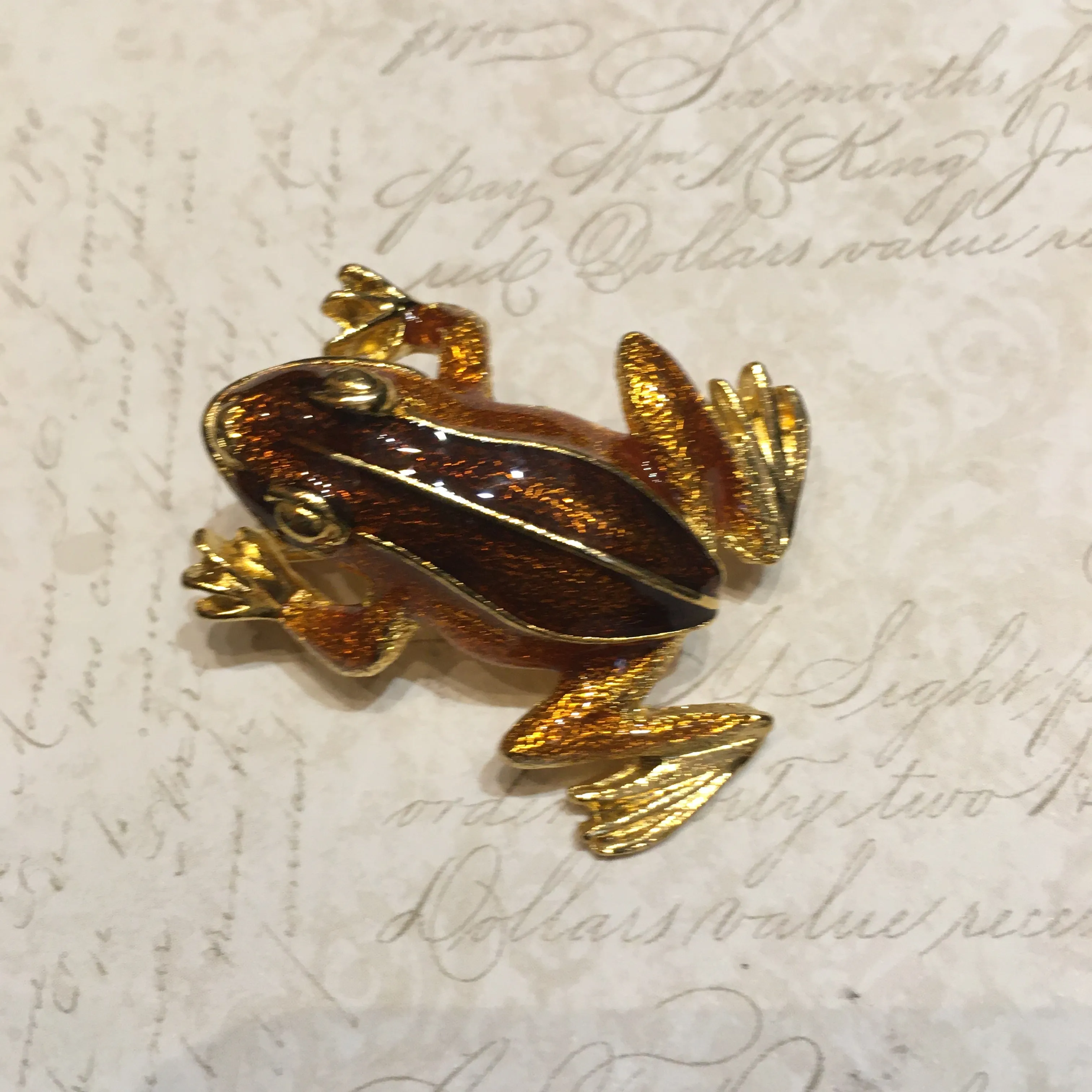 Vintage Frog Brooch Brown Amber Enamel Gold