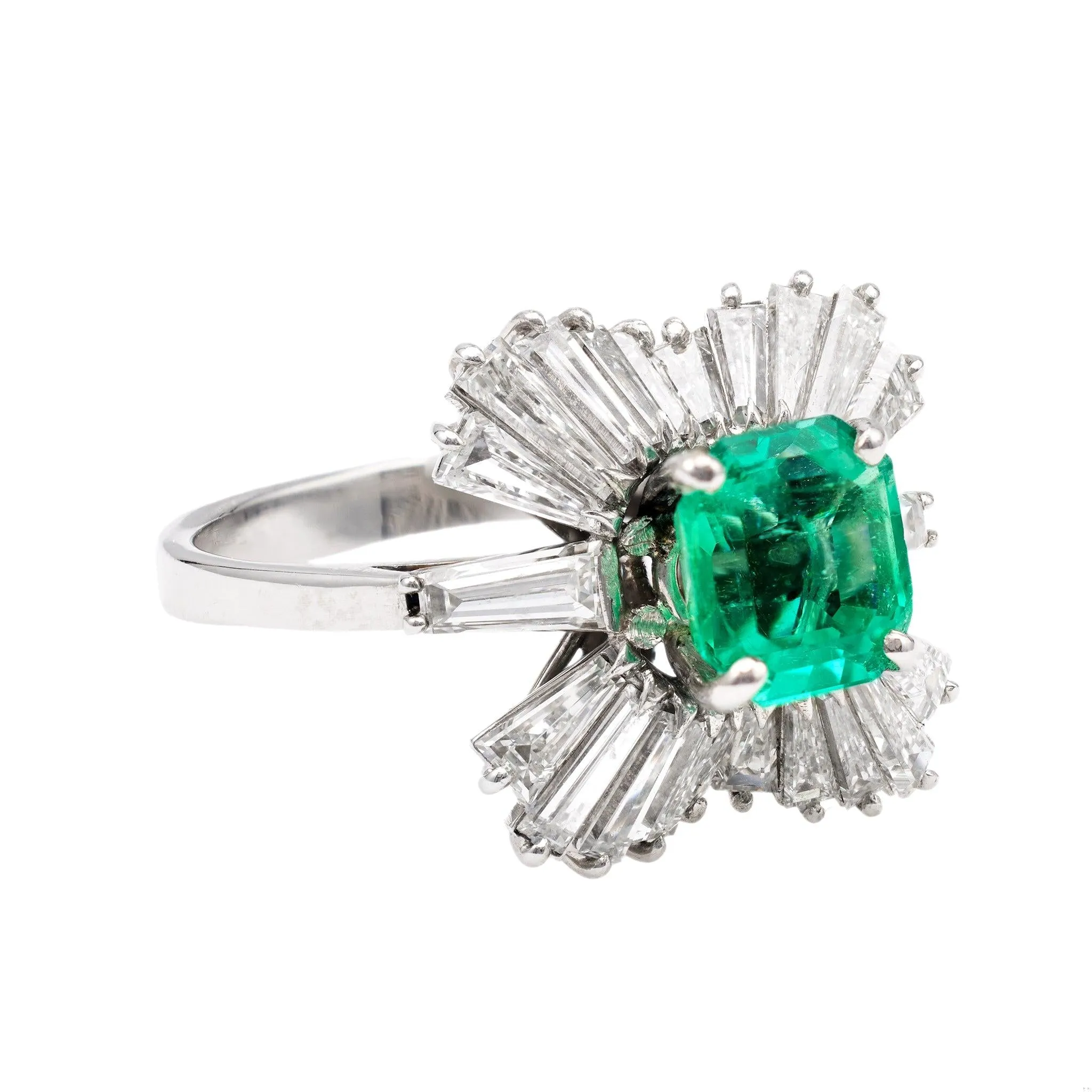 Vintage GIA Colombian Emerald Diamond Platinum Ballerina Cocktail Ring