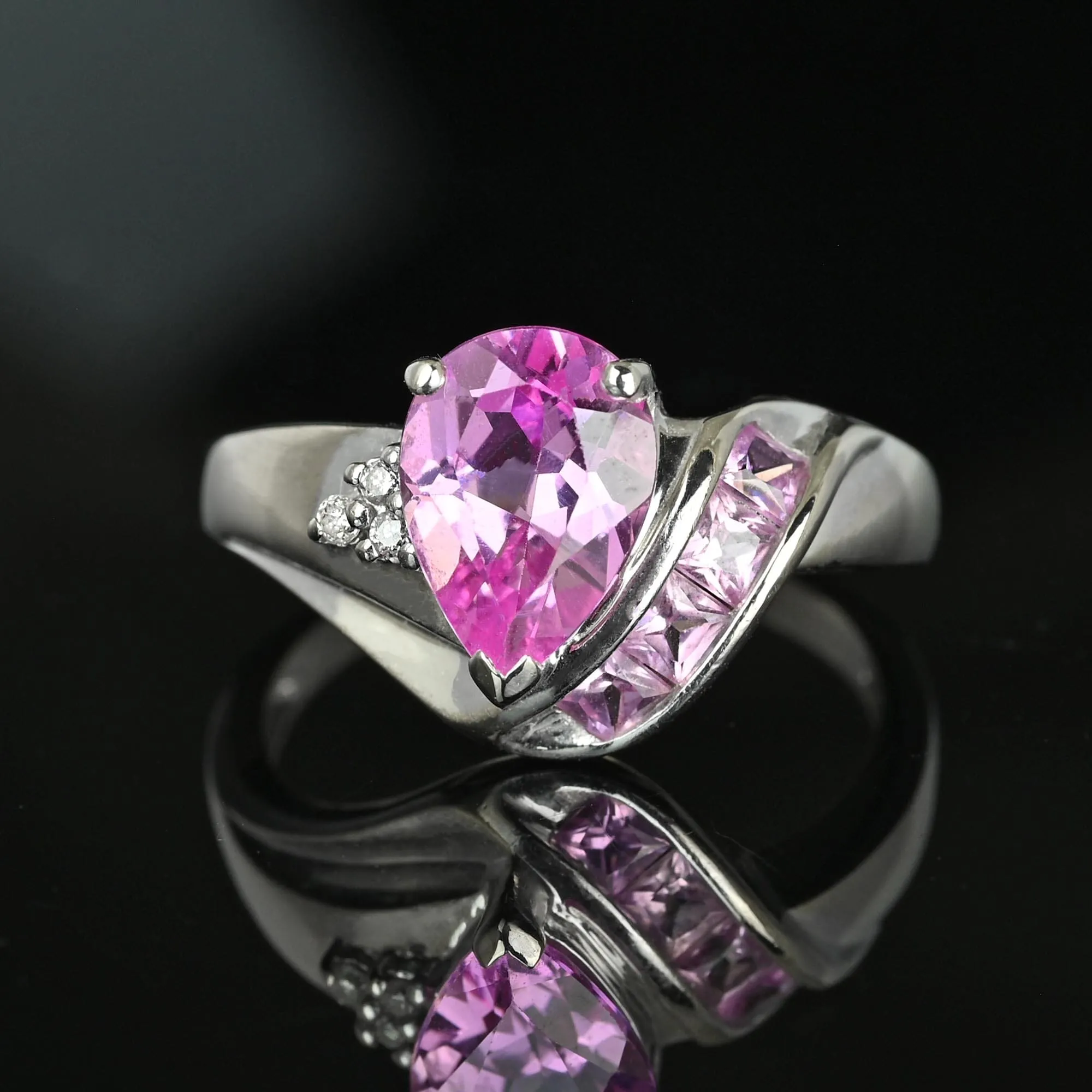 Vintage Pear Cut Pink Sapphire Diamond Ring in White Gold