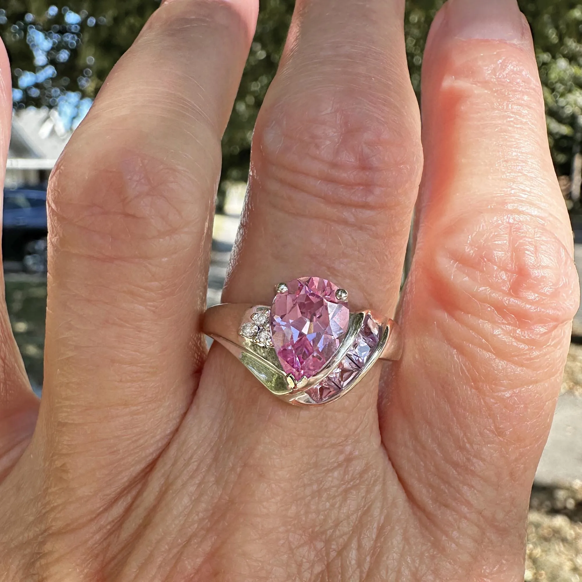 Vintage Pear Cut Pink Sapphire Diamond Ring in White Gold