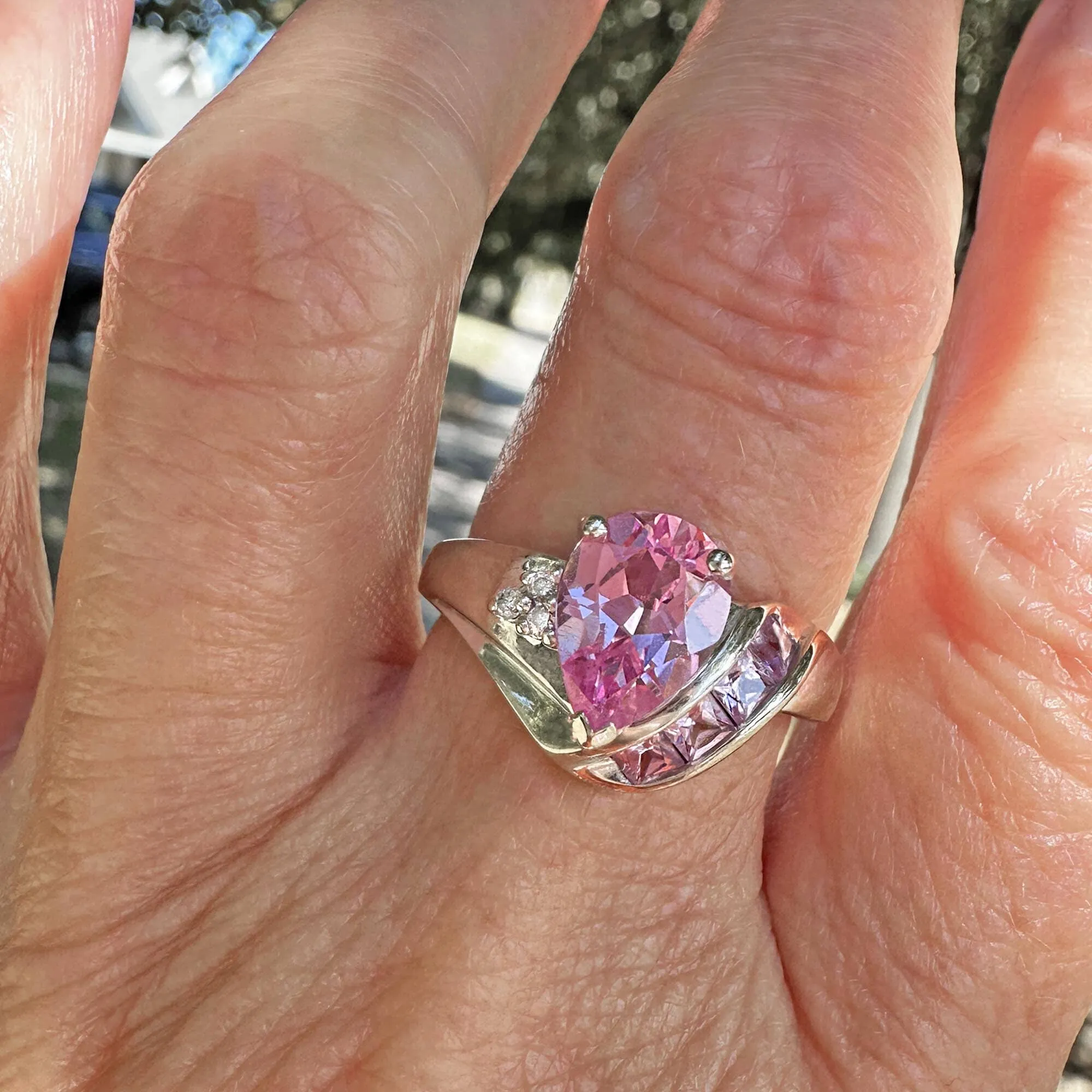 Vintage Pear Cut Pink Sapphire Diamond Ring in White Gold