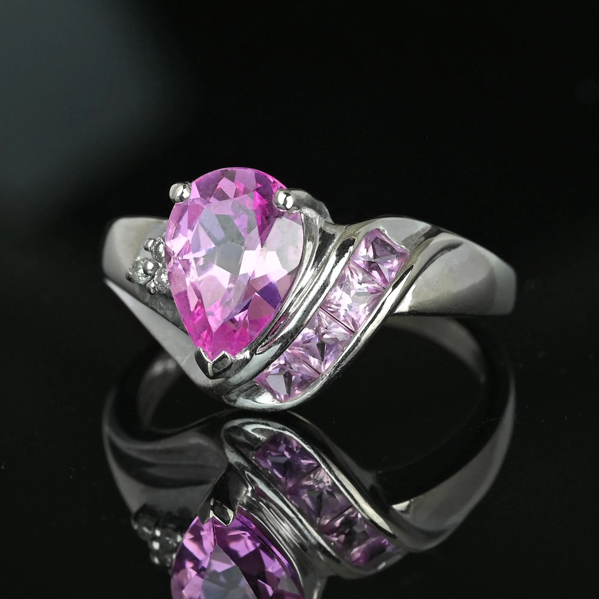 Vintage Pear Cut Pink Sapphire Diamond Ring in White Gold