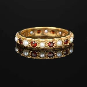 Vintage Pearl Garnet Full Eternity Ring Band in Gold