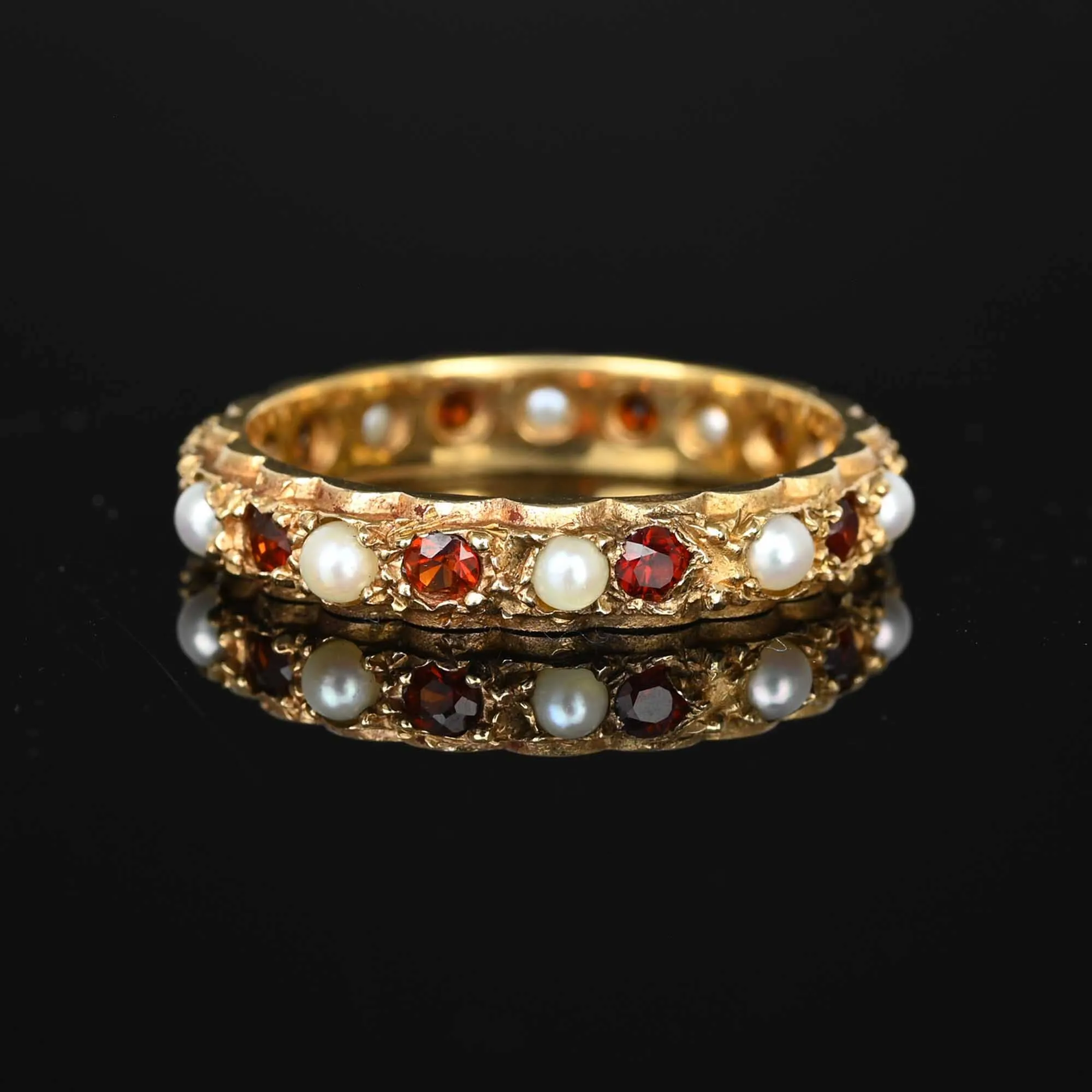 Vintage Pearl Garnet Full Eternity Ring Band in Gold