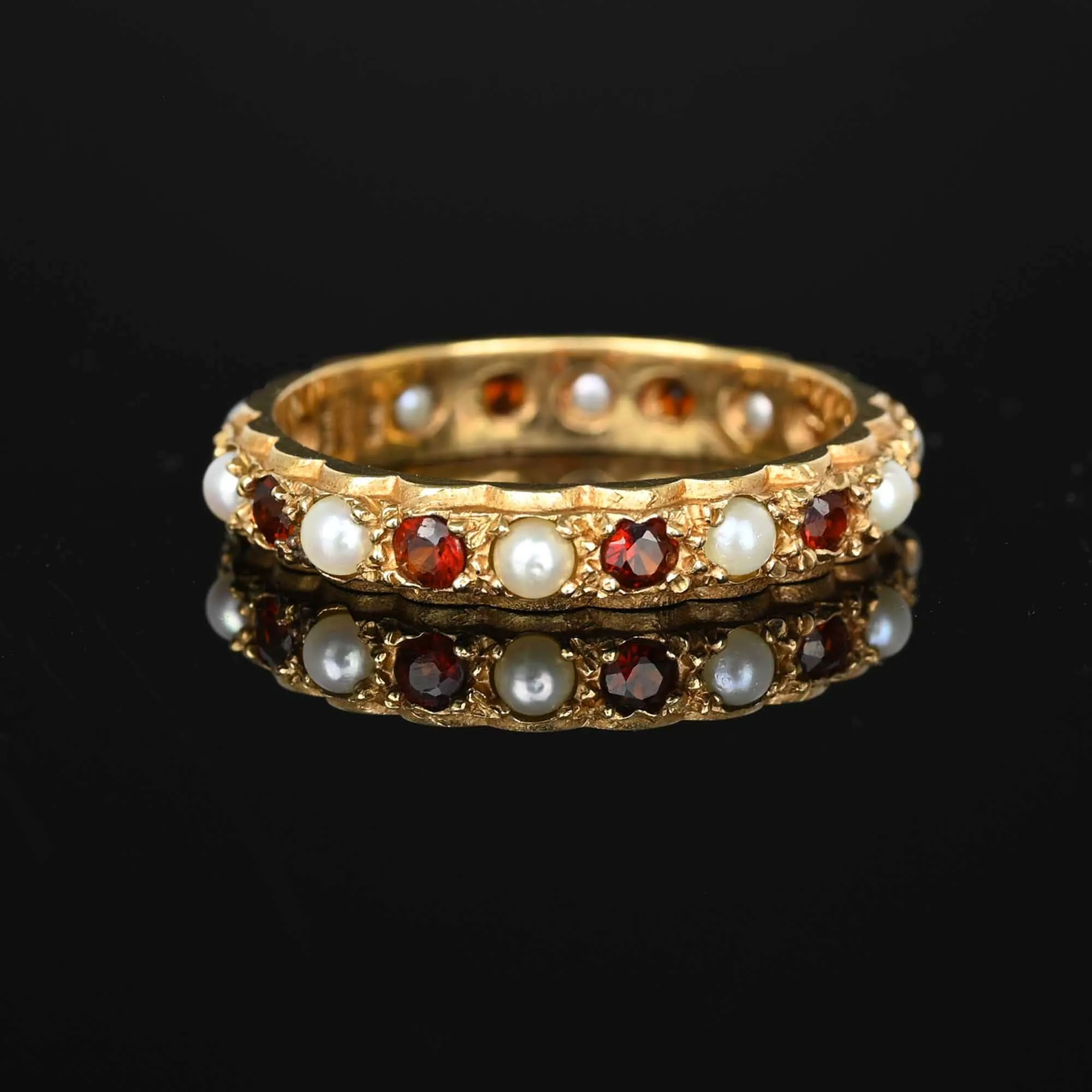 Vintage Pearl Garnet Full Eternity Ring Band in Gold