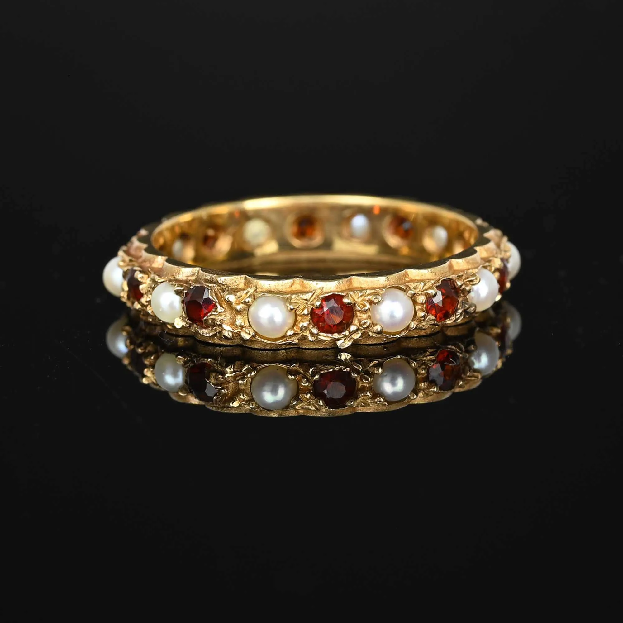 Vintage Pearl Garnet Full Eternity Ring Band in Gold