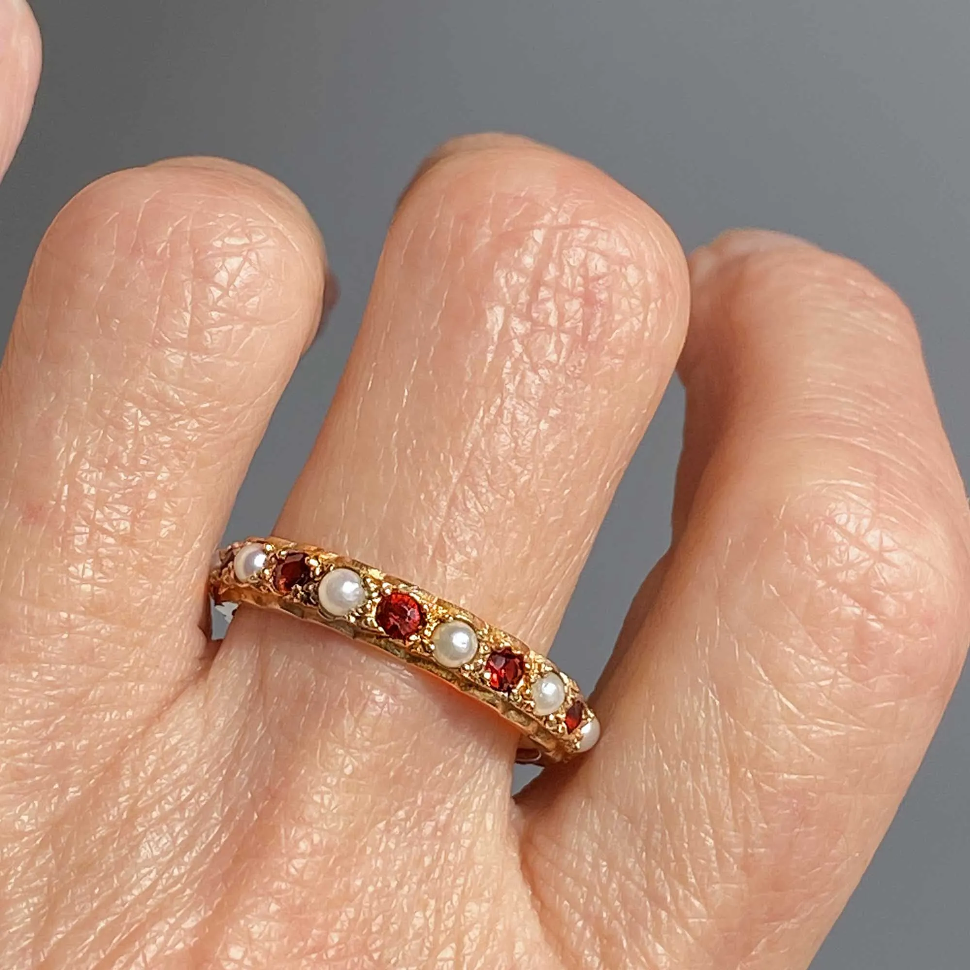 Vintage Pearl Garnet Full Eternity Ring Band in Gold