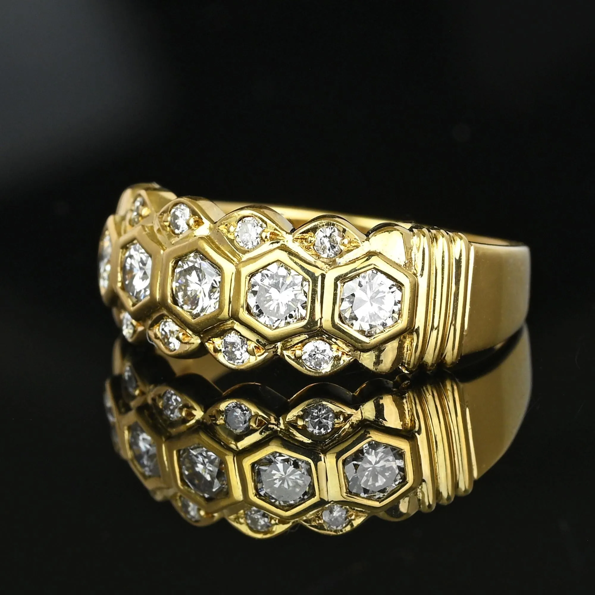 Wide 18K Gold Three Row Diamond Ring Band, Five Stone