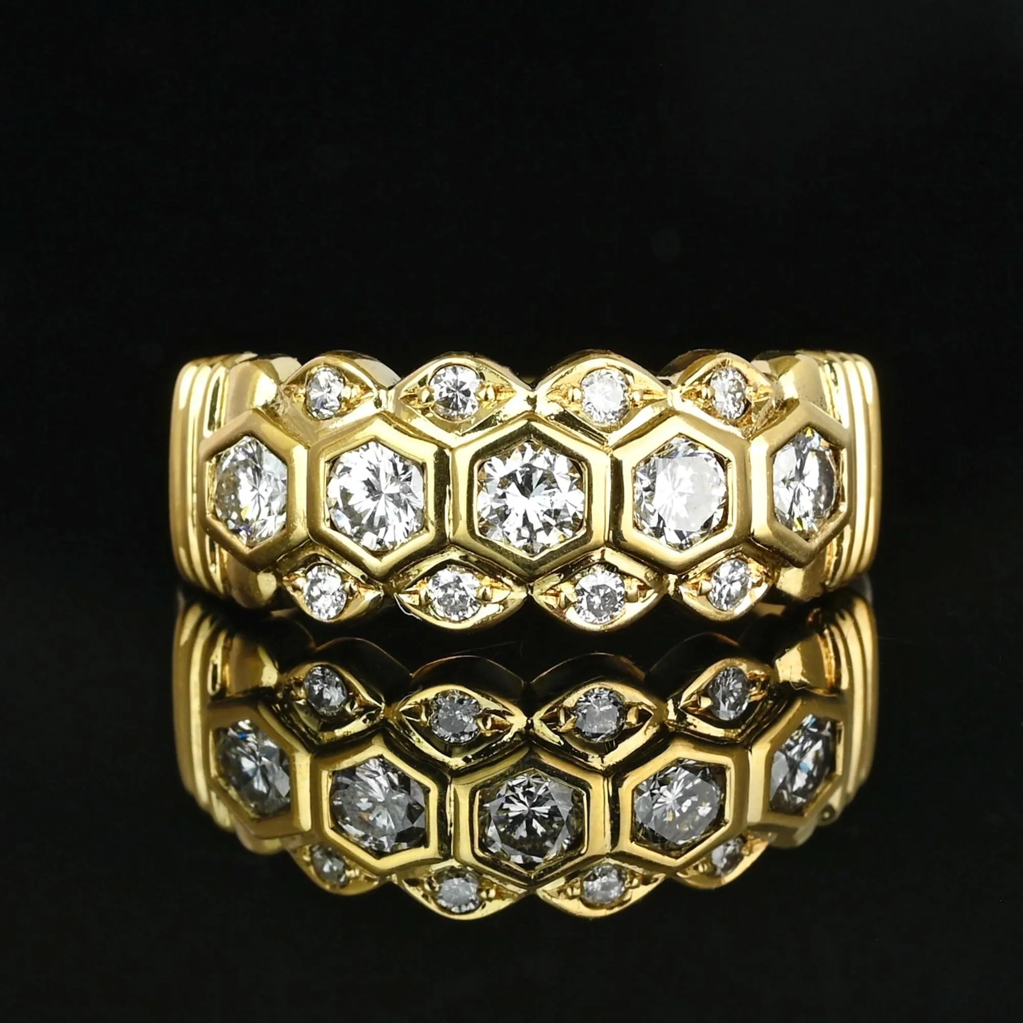 Wide 18K Gold Three Row Diamond Ring Band, Five Stone