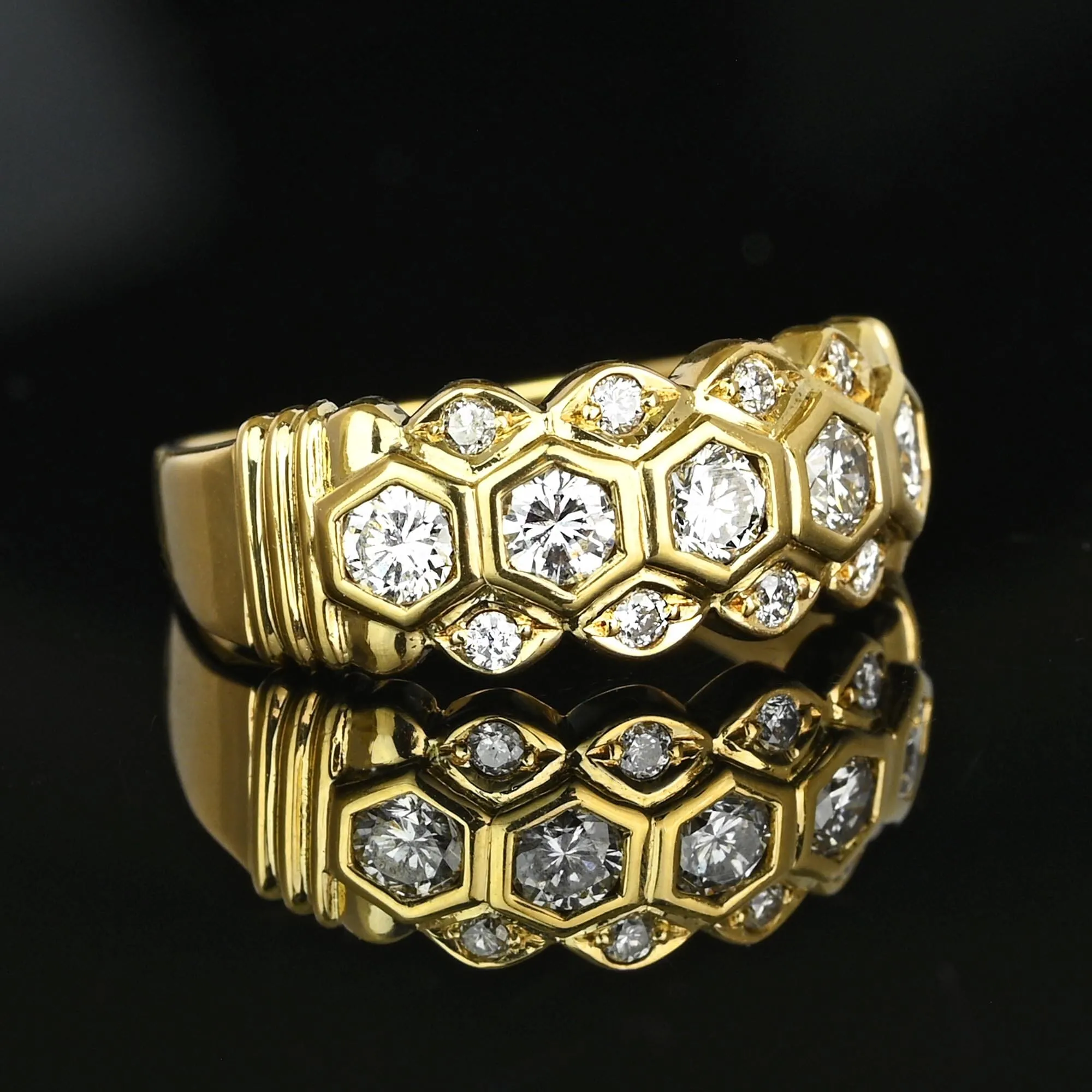 Wide 18K Gold Three Row Diamond Ring Band, Five Stone