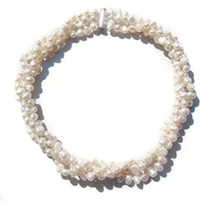 Women's Chunky Modern Twist Natural White Pearl Necklace Multi Strand